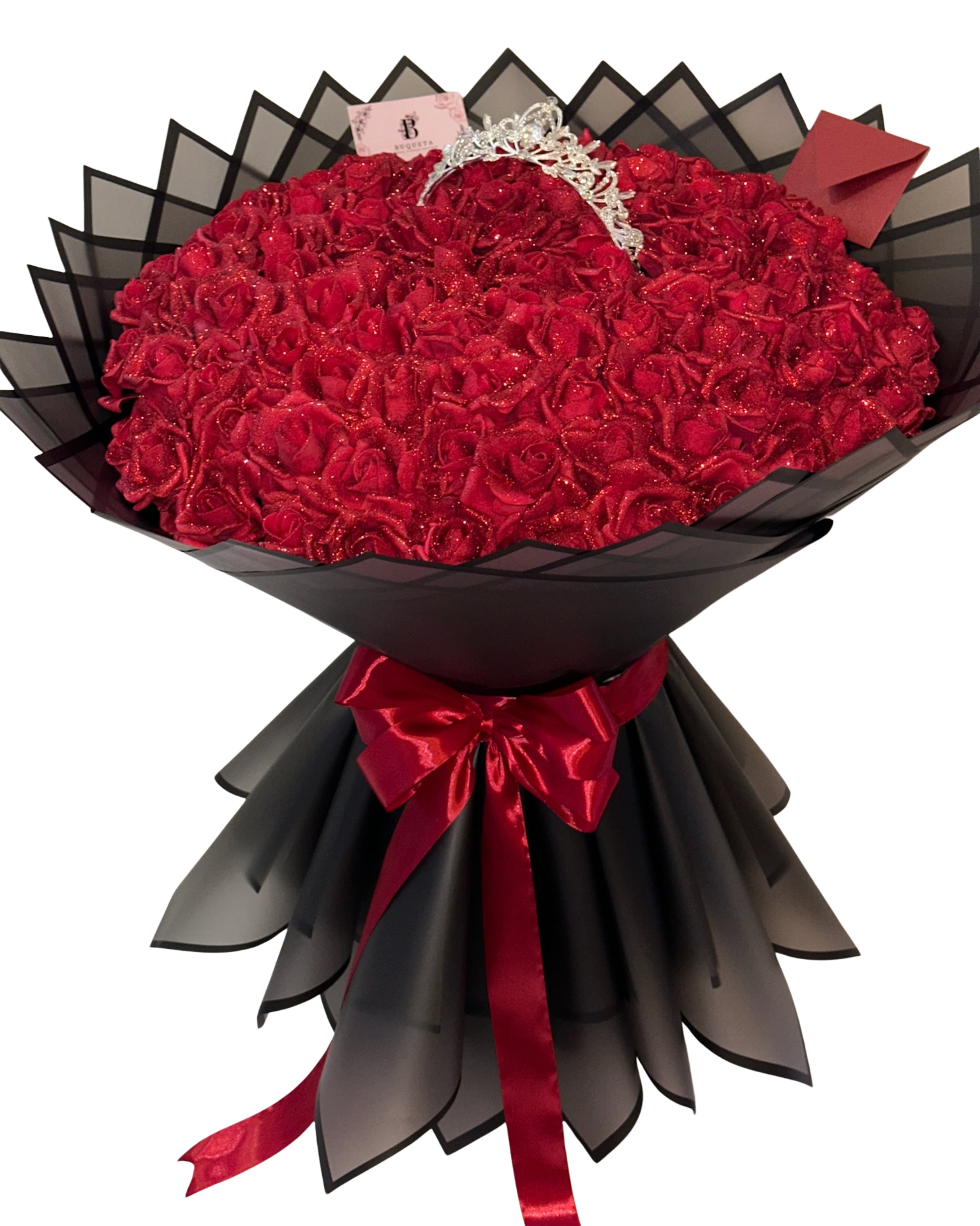 Букет от 101 рози фоам с брокат, издължена база и корона