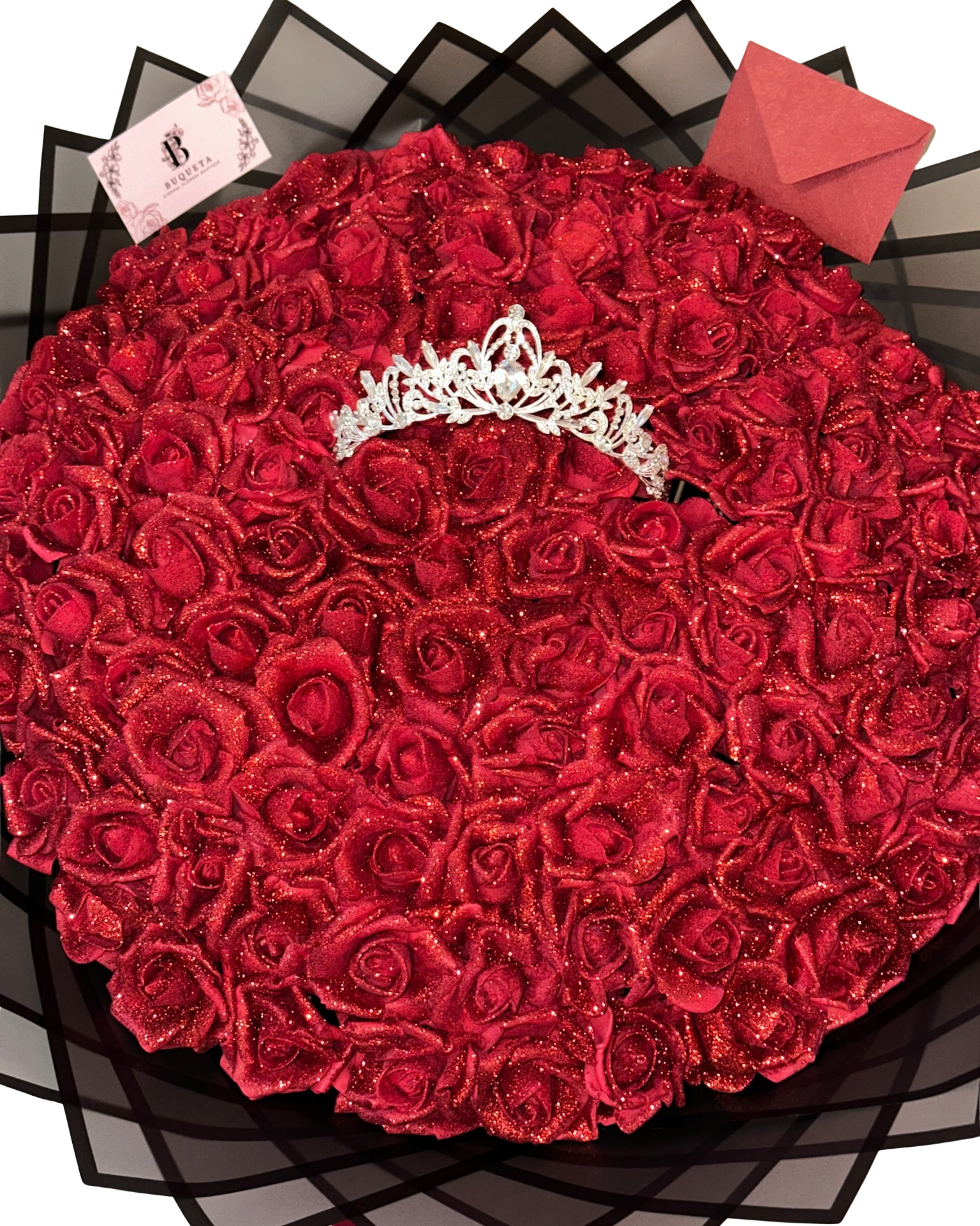 Букет от 101 рози фоам с брокат, издължена база и корона
