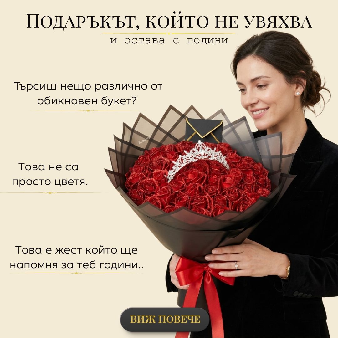 Вечен букет от 51 рози от фоам с брокат и корона