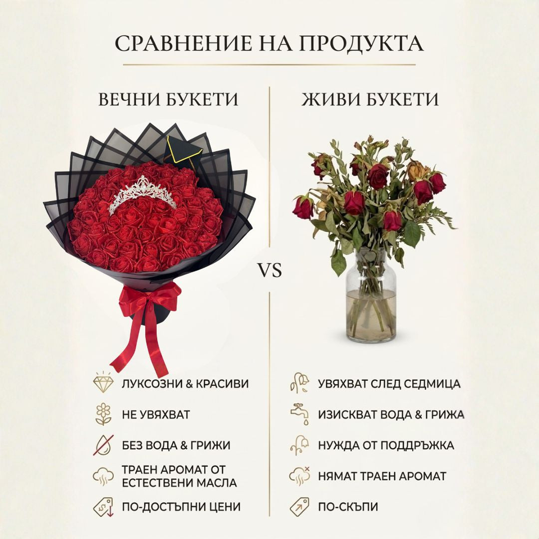 Вечен букет от 51 рози от фоам с брокат и корона