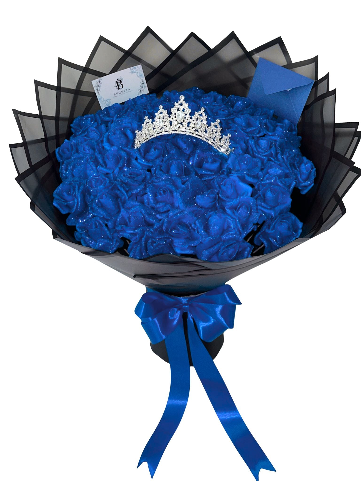 Букет от 51 рози от фоам с брокат и корона