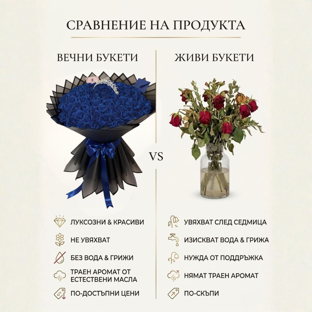 Вечен букет от 101 рози фоам с брокат, издължена база и корона