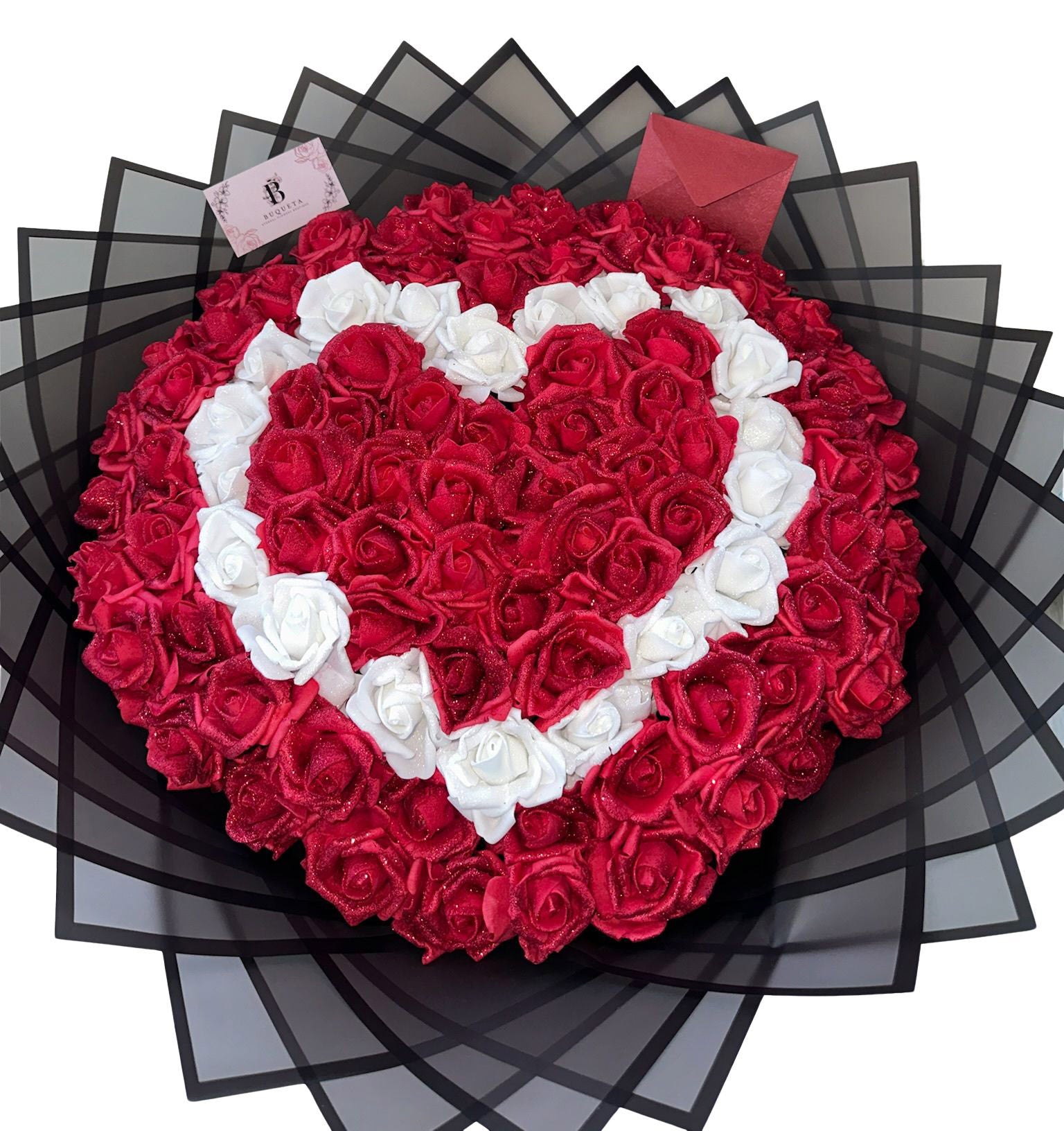 Букет от 101 рози от фоам с издължена база, брокат и сърце