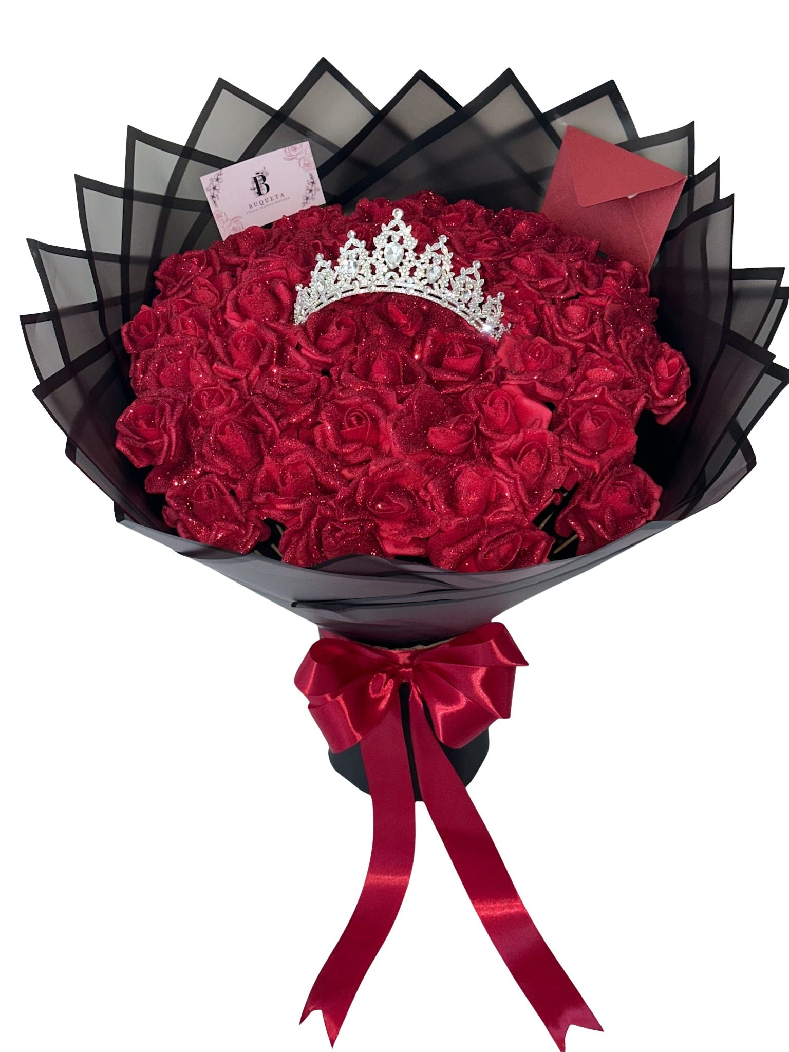 Букет от 51 рози от фоам с брокат и корона