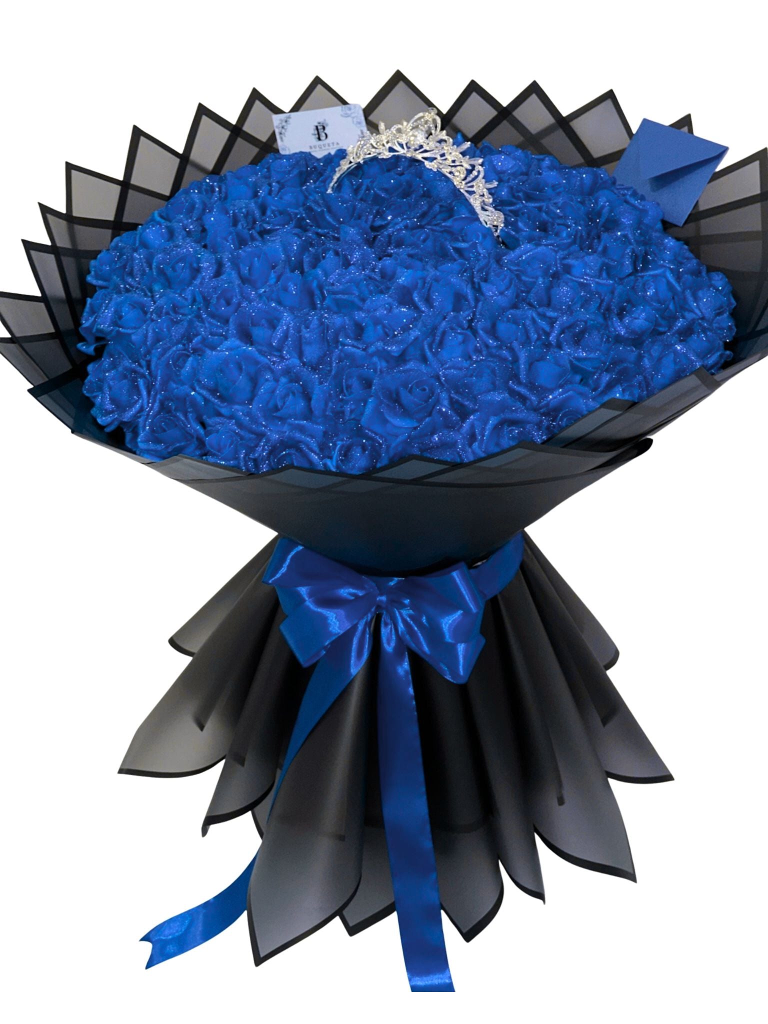 Букет от 101 рози фоам с брокат, издължена база и корона