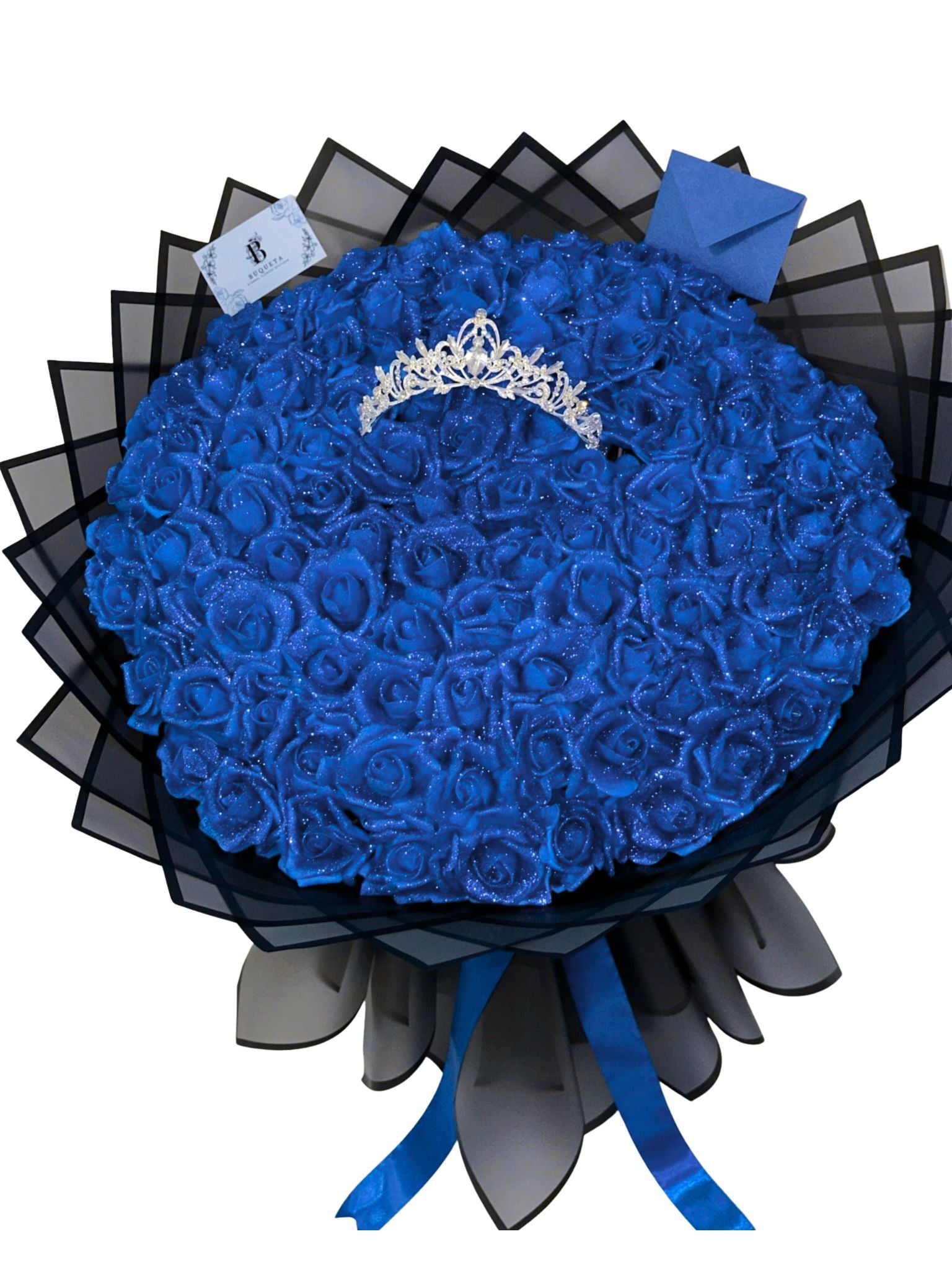 Букет от 101 рози фоам с брокат, издължена база и корона