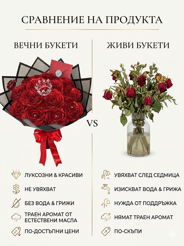 Вечен букет от 101 рози от фоам с издължена база, брокат и сърце – син
