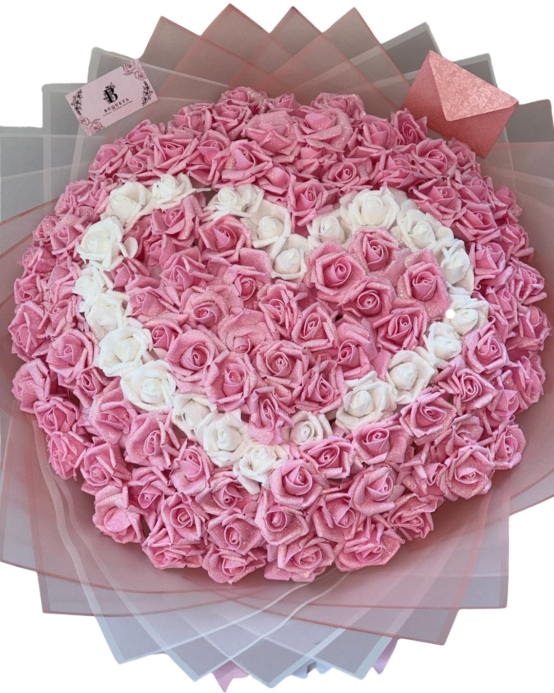 Букет от 101 рози от фоам с брокат и сърце