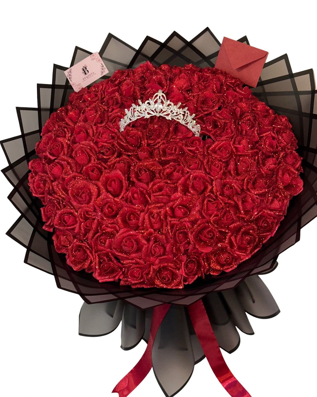 Букет от 101 рози фоам с брокат, издължена база и корона